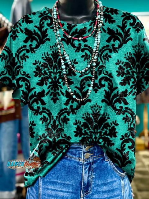 Turquoise Pattern Print Casual T-Shirt
