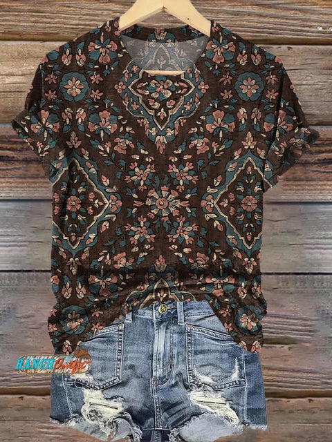 Retro Floral Totem Print Casual T-shirt