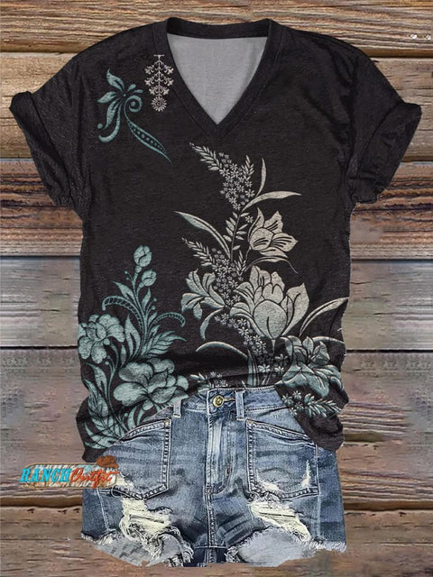 Simple Flower Branch Printed Casual V Neck T-shirt