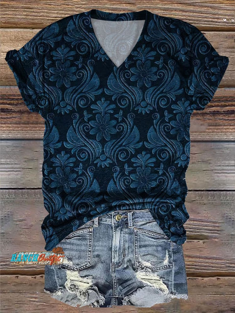 Retro Dark Pattern Print Casual V-Neck T-Shirt