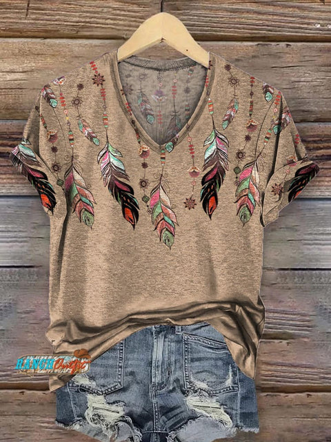 Simple Feather Flower Printed Casual V-Neck T-Shirt