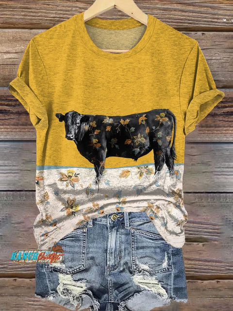 Simple Cow Floral Print Casual T-shirt