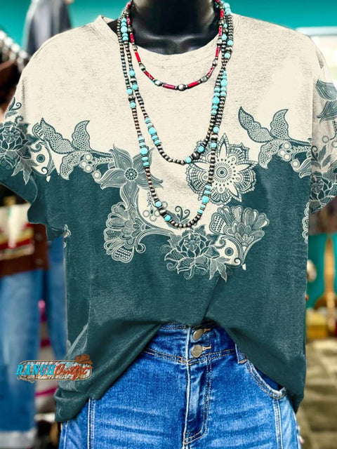 Beige and Cyan Flower T-shirt