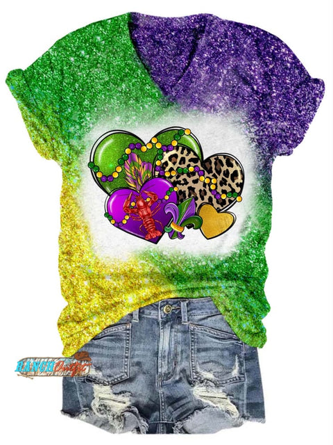 Heart Leopard Mardi Gras Glitter V-Neck T-Shirt