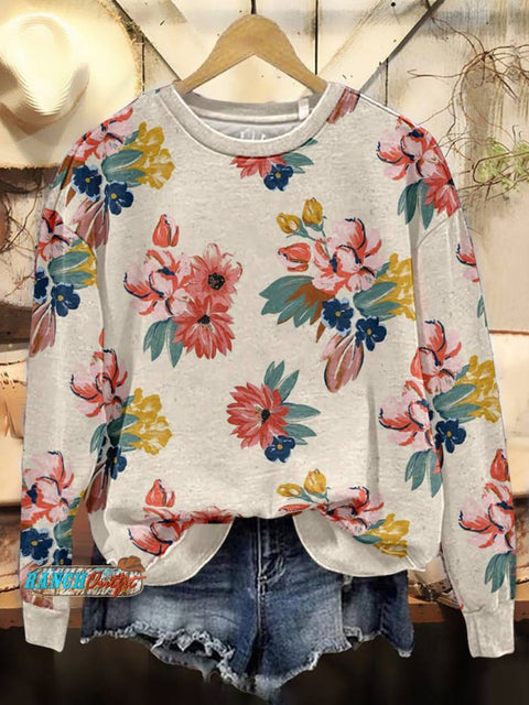 Beige Floral Casual Cotton Sweatshirt