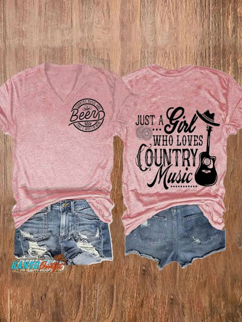 Women’s Country Music And Beer Print V-Neck Casual T-Shirt Pink / S