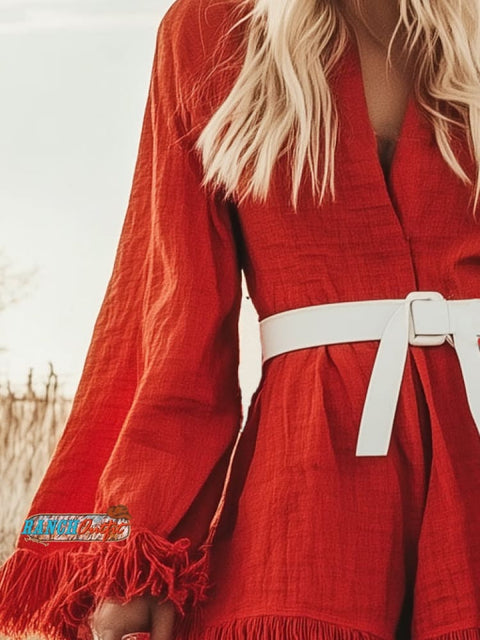 Passionate Red Tassel Linen Long Sleeve Mini Dress