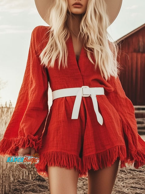 Passionate Red Tassel Linen Long Sleeve Mini Dress