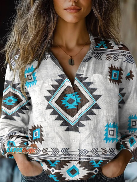 Aztec Blue And White Women's Print Casual Long Sleeve Comfortable Cotton Shirt