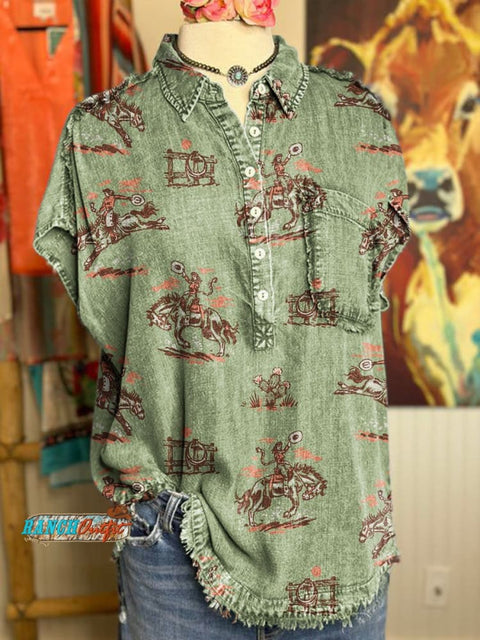 Women's Western Print Casual Cotton Linen Shirt