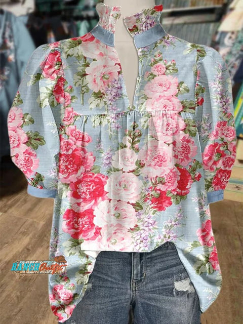 Women's Floral Print Casual Cotton And Linen Ruffled V-neck Shirt