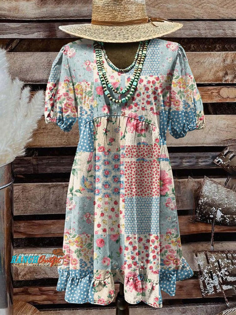 Women's Flower Print Pocket Cotton Dress