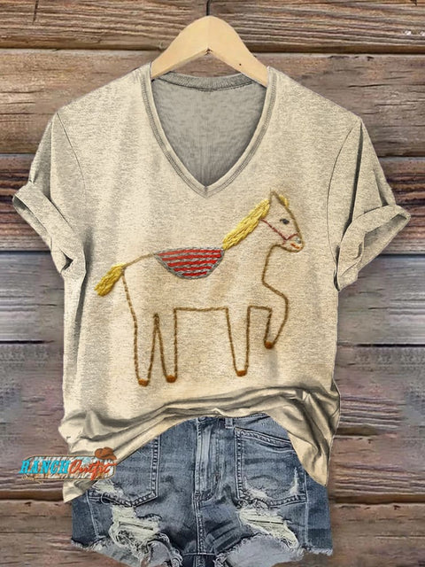 Women's Vintage Horse Art Print V-neck Casual T-Shirt