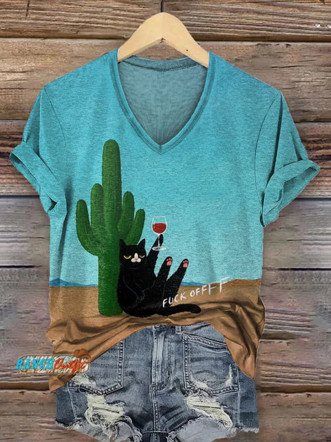 Women's Fuck Offff Cat Art Print V-neck Casual T-Shirt