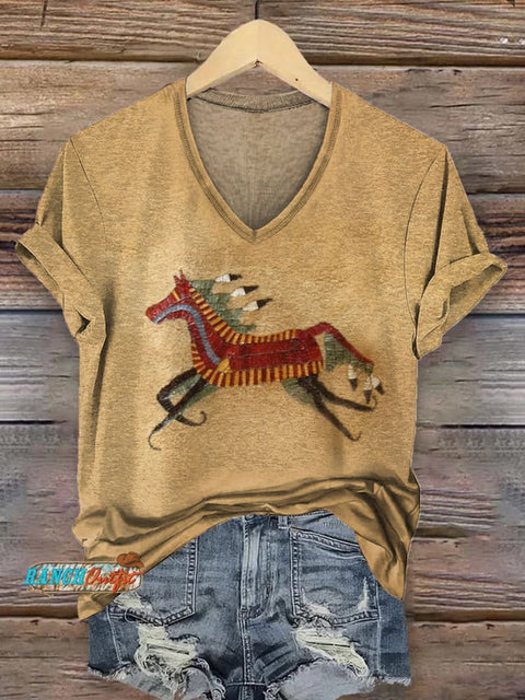 Women's Classic Horse Art Pirnt V-neck Casual T-Shirt