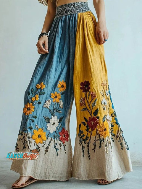 Women's Retro Linen Ethnic Flowers Art Long Loose Wide-leg Trouser Pants