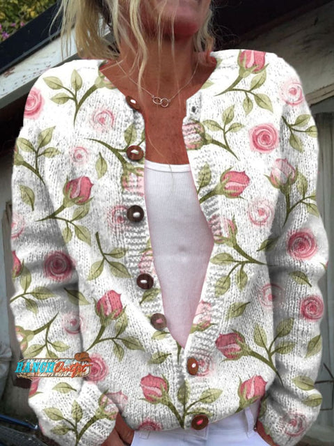 Rose Art Print Buttoned Cardigan Sweater