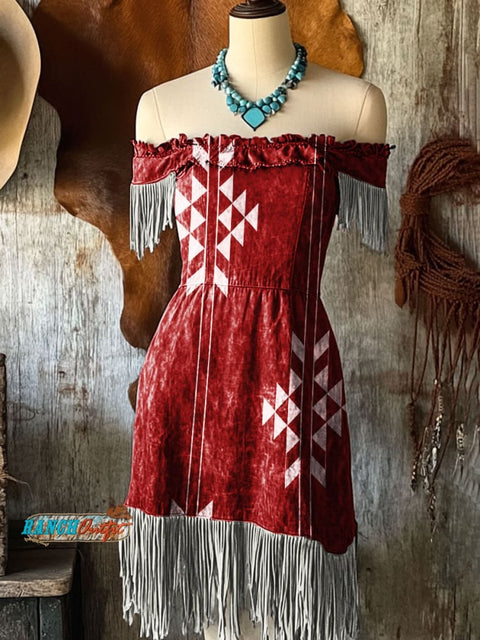 Women's Western Art Print Tassel Cotton Dress