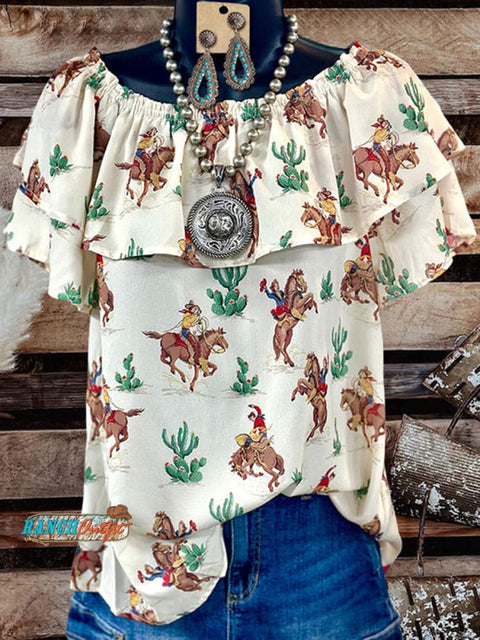 Women's Western Art Print Ruffle Short Sleeve Top