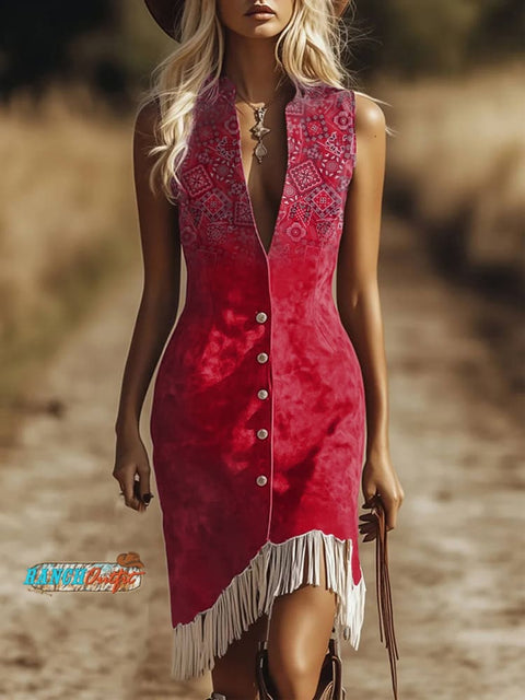 Women's Red Paisley Print Half-Sleeve V-Neck Maxi Dresses