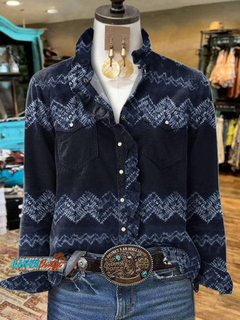 Women's Zigzag Deep Blue Print Casual Long Sleeve Comfortable Cotton Shirt