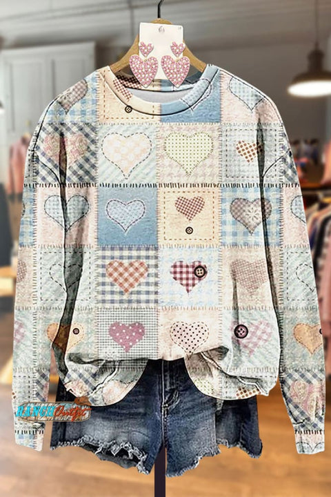 Mixed Heart Print Long Sleeve Sweatshirt