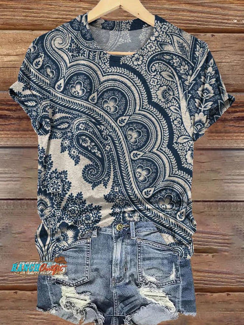 Blue Paisley Flower Print T-shirt