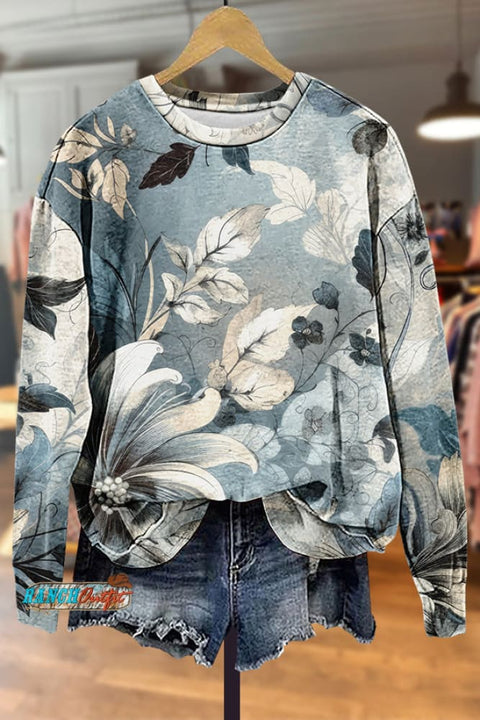 Elegant Floral Print Crew Neck Sweatshirt