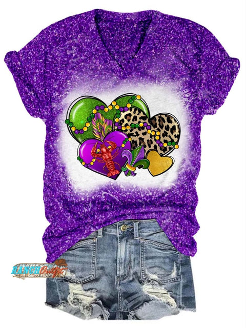 Heart Leopard Mardi Gras Glitter V-Neck T-Shirt