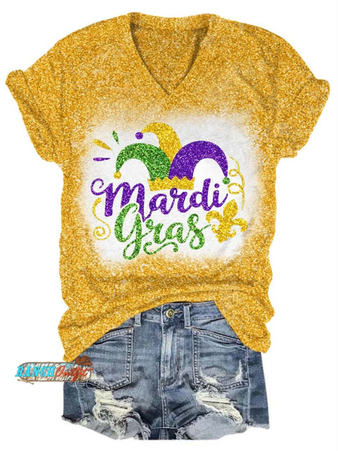 Mardi Gras Fat Tuesday Glitter V-Neck T-Shirt