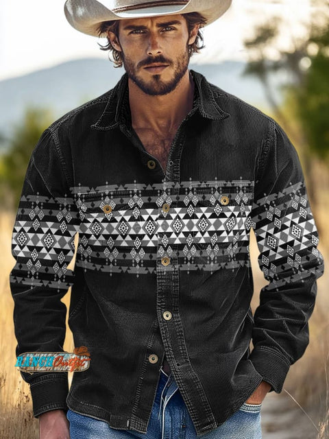 Black Aztec Print Casual Corduroy Shirt