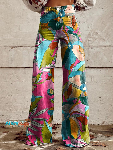 Women's Retro Color Floral Art Casual Wide Leg Pants