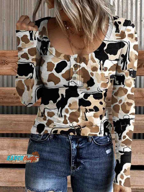 Women's Western Cow Print Casual Long Sleeve Comfortable Cotton Henley Top