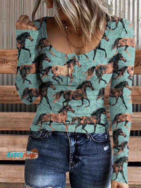 Women's Western Horse Print Casual Long Sleeve Comfortable Henley Top