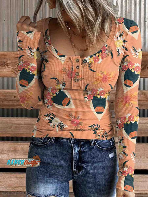 Women's Western Cattle and Flower Print Casual Long Sleeve Comfortable Henley Top