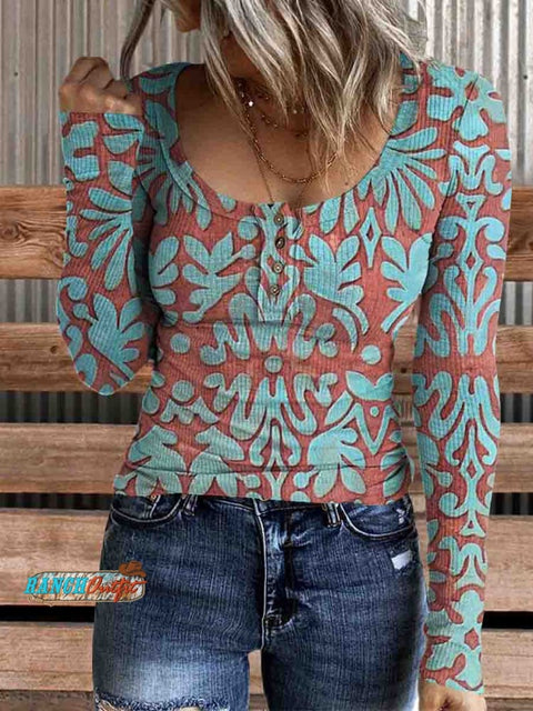 Women's Western Floral Print Casual Long Sleeve Comfortable Henley Top