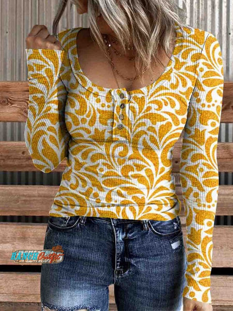 Women's Western Floral Print Casual Long Sleeve Comfortable Henley Top