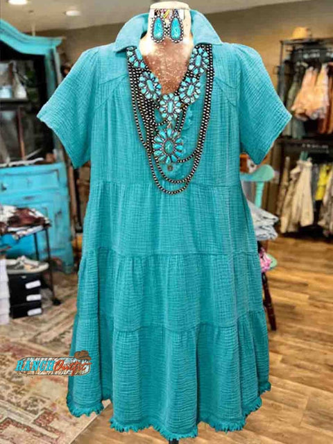 Women's Turquoise Short Sleeves Cotton Dress