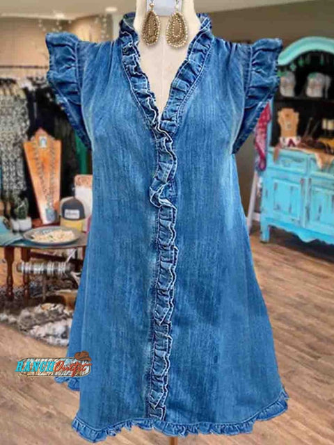 Women's Elegant V-Neck Ruffle Detailed Denim Dress