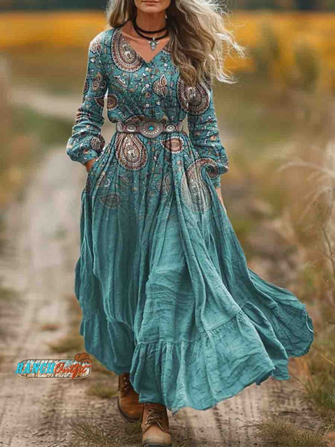 Women's Turquoise Bohemian Paisley Print Pocket Cotton Dress