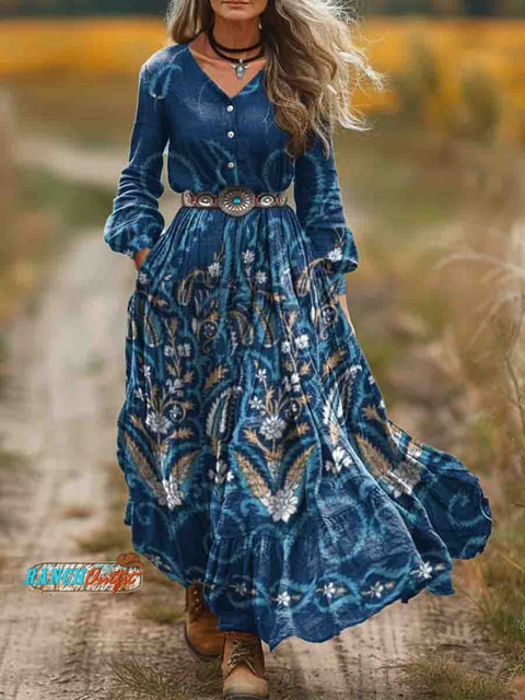 Women's Blue Bohemian Floral Print Pocket Cotton Dress