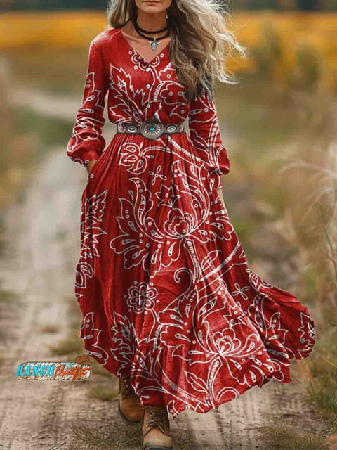 Women's Red Bohemian Floral Print Pocket Cotton Dress