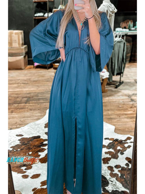 Women's Blue Bohemian Glossy Satin Dress