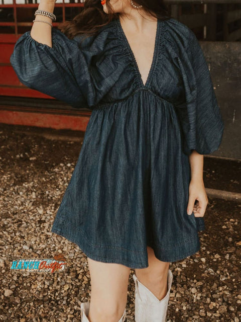 Women's V-neck Puff Sleeve Casual Denim Dress