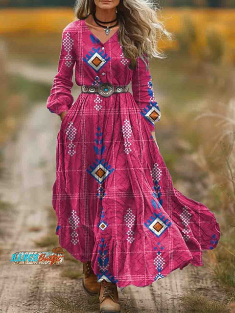 Women's Pink Boho Style Print Pocket Cotton Dress