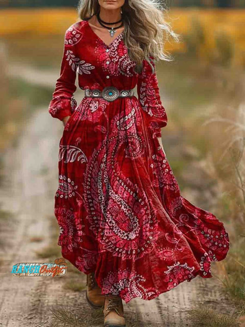 Women's Red Boho Paisley Print Pocket Cotton Dress