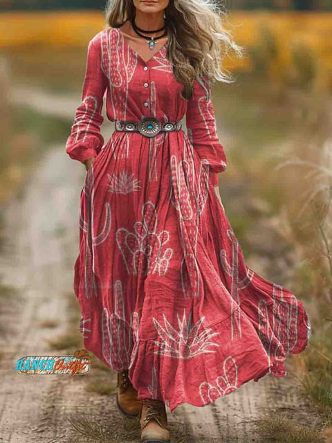 Women's Red Boho Cactus Print Pocket Cotton Dress