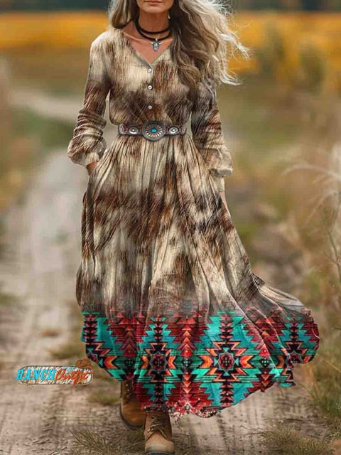 Women's Aztec and Fur Print Pocket Cotton Dress