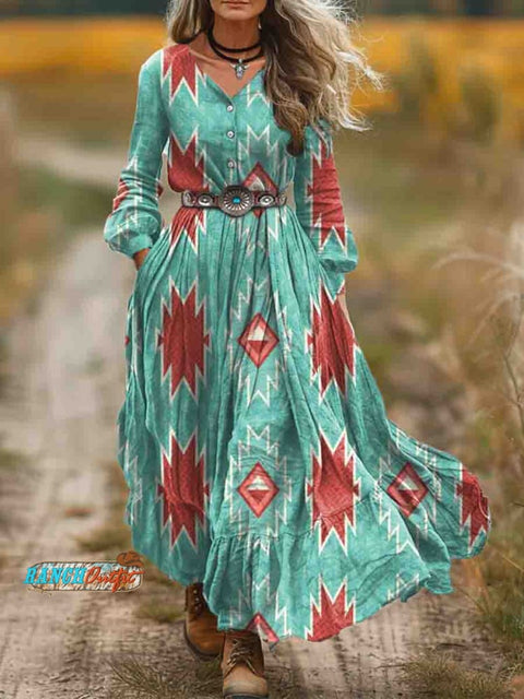 Women's Turquoise Aztec Print Pocket Cotton Dress