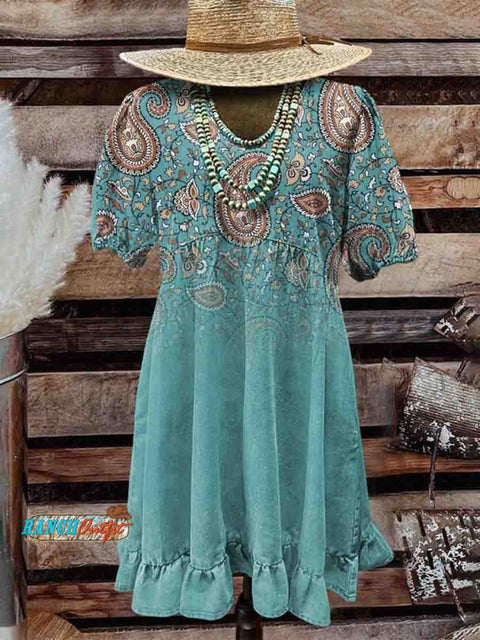 Women's Turquoise Bohemian Paisley Print Pocket Cotton Dress